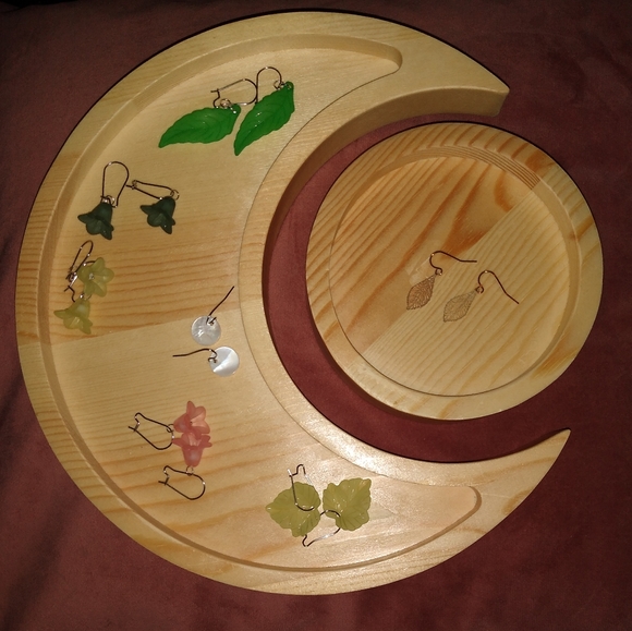 Crescent Moon Sun Lunar Eclipse Jewelry Tray Set Wood Trays Crystal Display Dish - Picture 12 of 13